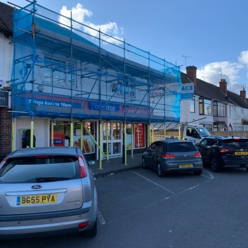 Scaffolding supporting exterior work on an office block in Warwick.