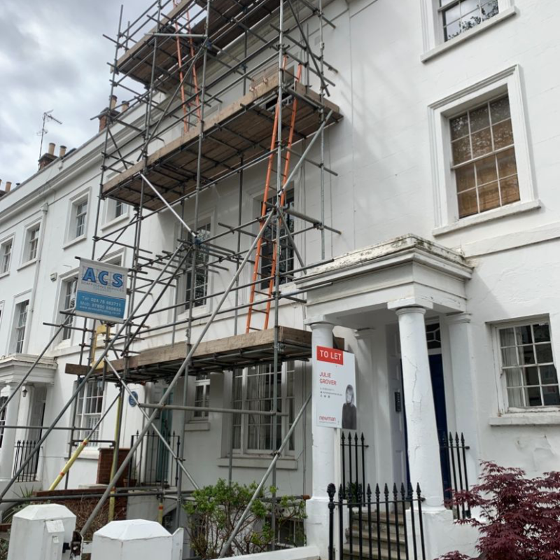 Residential scaffolding for chimney repairs on a house in Hillmorton, Rugby.